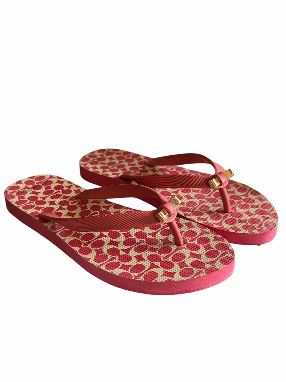 Coach Landon Flip Flop Sandals Coral Pink Cream Brass Coach Bow Signature Sz 7-8